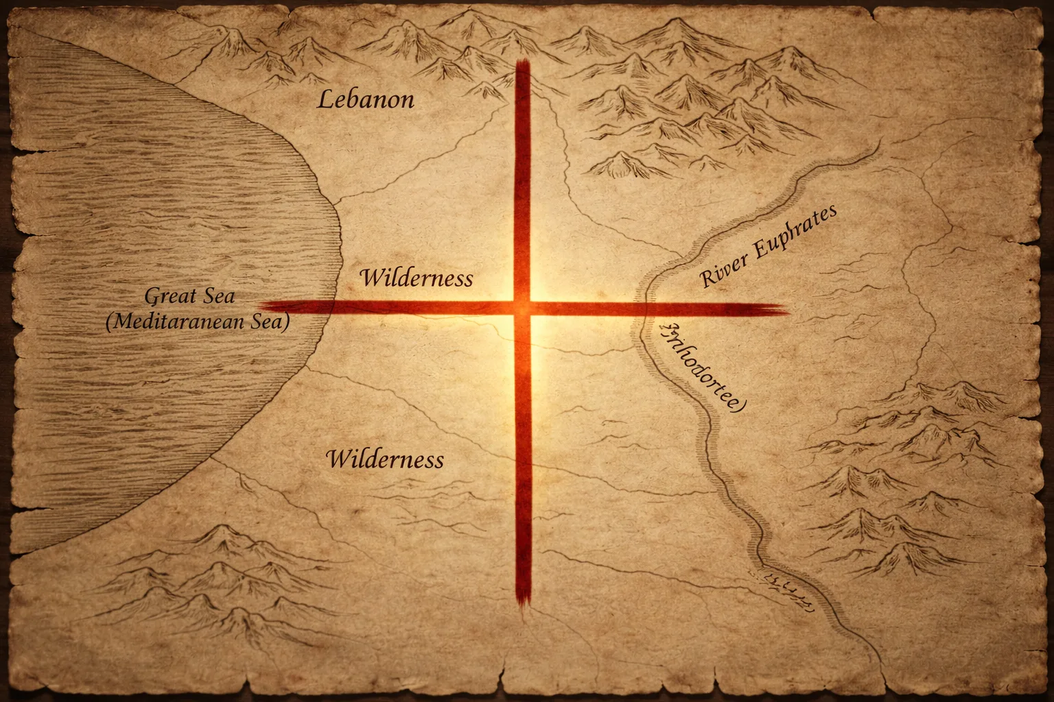 Map of the Promised Land: Lebanon, the wilderness, the Great Sea and the River Euphrates, with the four boundaries forming a cross